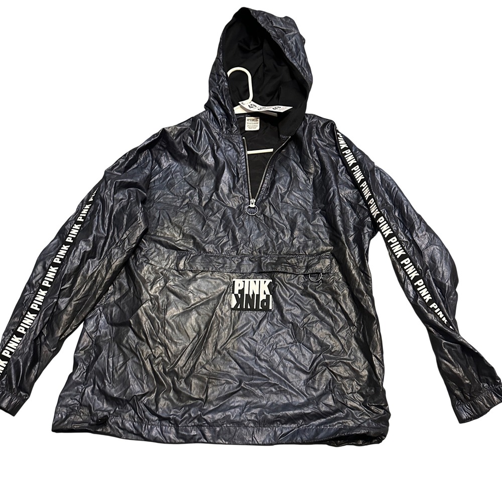 PINK Victoria's Secret Sport Anorak Windbreaker Jacket Black Logo Hooded Size XS